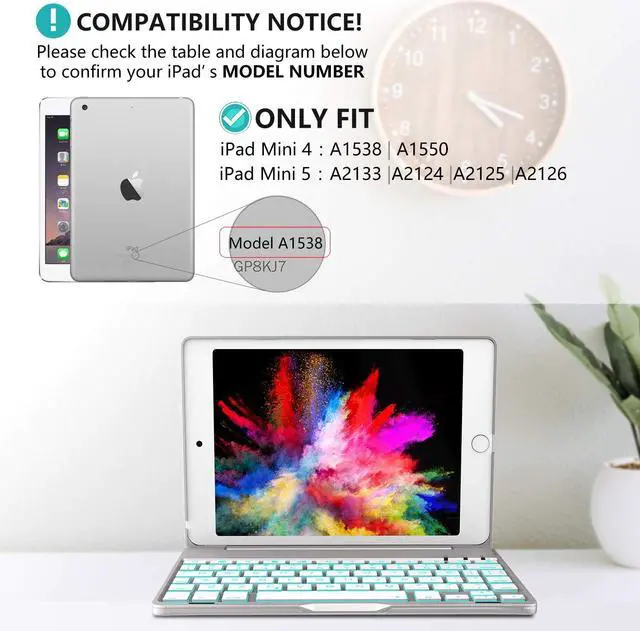 Alt view image 7 of 7 - iPad Mini 5 / Mini 4 Keyboard - 135 Degree Flip 7 Color Backlit Aluminum Shell Smart Folio Keyboard Case with Auto Sleep/Wake for iPad Mini 5th Gen 2019 / iPad Mini 4 2015