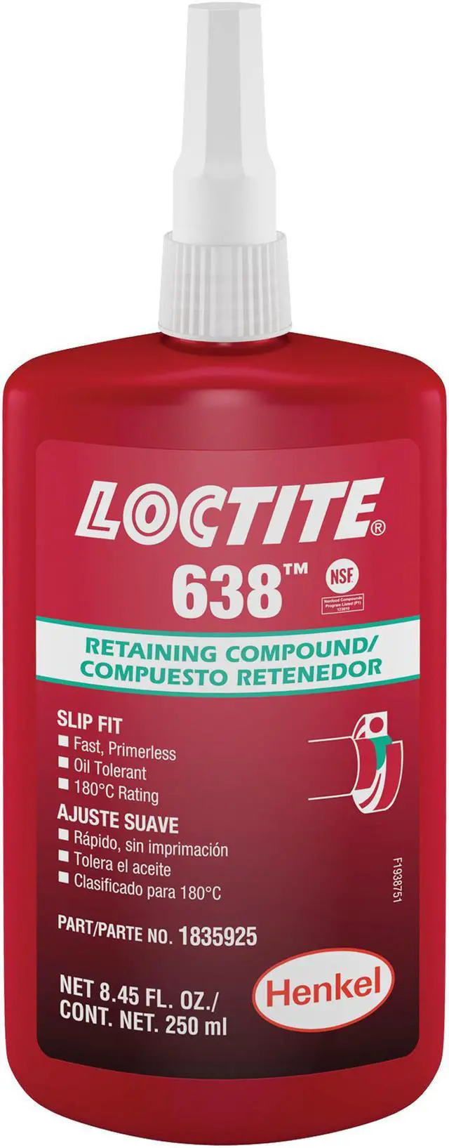 Alt view image 2 of 3 - LOCTITE 1835925 Retaining Compound, 638 Series, Green, Liquid, High Strength,