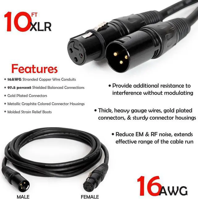 Alt view image 3 of 7 - Deco Gear XLR 10' Male to XLR Female 16AWG Gold Plated Cable