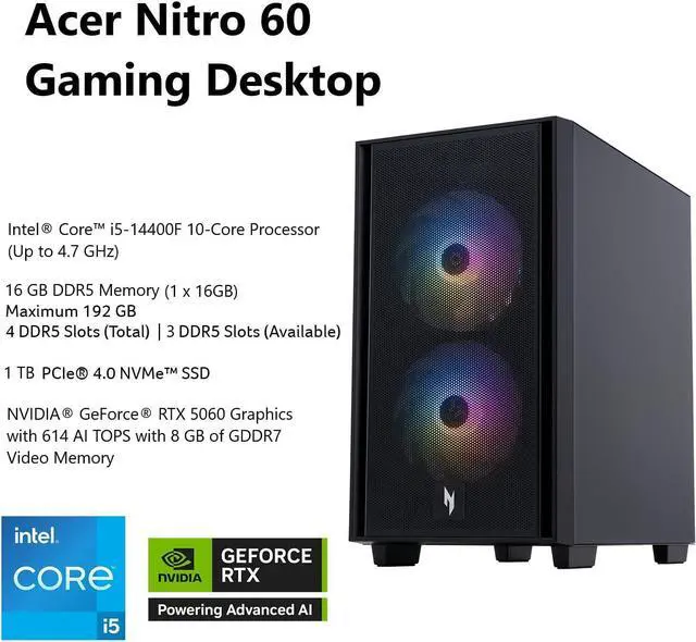 Main image of Acer Nitro 60 N60-640-UR21 Desktop, Intel Core i5-14400F 10-Core Processor (Up to 4.7 GHz), NVIDIA GeForce RTX 5060 Graphics (614 AI TOPS), 16 GB DDR5 Memory, 1 TB PCIe 4.0 NVMe SSD, Windows 11 Home