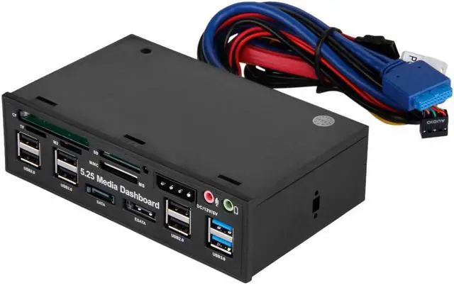Alt view image 2 of 5 - 5.25" Media Dashboard Card Reader USB 2.0 USB 3.0 20 pin e-SATA SATA Front Panel