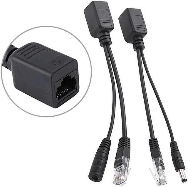 Main image of 2Pcs RJ45 Power Over Ethernet LAN DC Male Passive PoE Adapter Injector Splitter Cable Kit Black IP Security Camera Switches