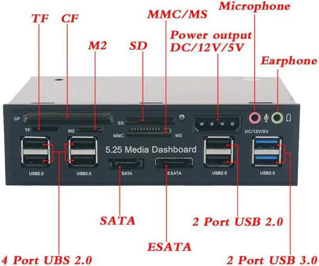 Alt view image 3 of 5 - 5.25 inch Media Dashboard Card Reader USB 2.0/3.0 20 pin e-SATA SATA Front Panel For PC Desktop