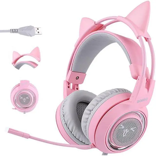 Alt view image 4 of 6 - SOMIC G951 Pink Cat Headphones Virtual 7.1 Noise Cancelling Gaming Headphone Vibration Led Usb Headset Girl Headsets For Pc