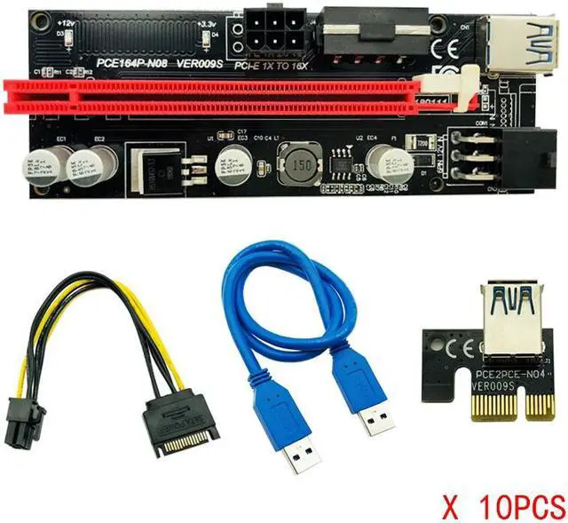Alt view image 6 of 6 - 10PCS 009S PCIE PCI-E 1x to 16x PCI Express Riser Card Molex 6pin Power Supply Adapter SATA to USB 3.0 Cable for BTC ETH Mining