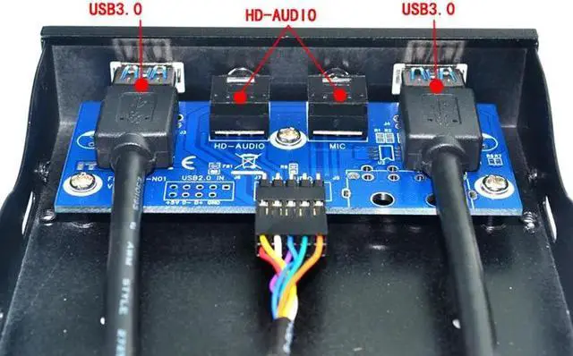 Alt view image 6 of 6 - 3.5" Floppy Bay 19Pin to USB 3.0 Hub HD Audio Earphone Mic Connector 2Port USB3.0 PC Front Panel Bracket with Cable for Computer