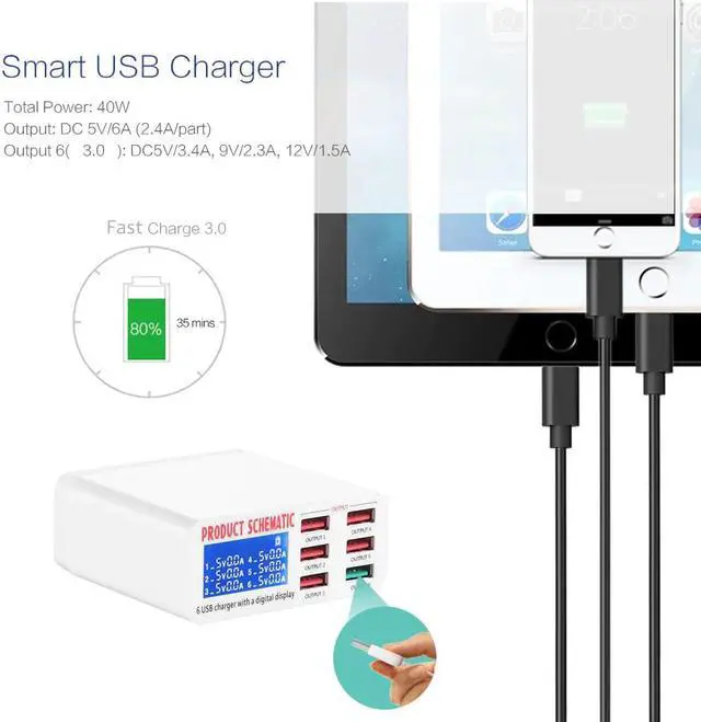 Alt view image 2 of 5 - USB Charger Portable Multi USB Port Rapid Charger 6 Port USB Socket Fast Charger with LCD Display for Smart Mobile Phone