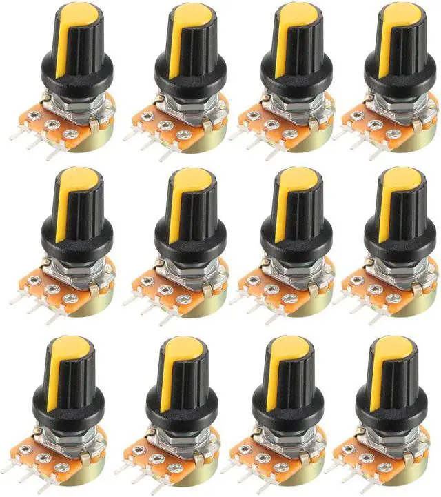 Main image of 12Pcs 100K Ohm Variable Resistors Single Turn Rotary Carbon Film Taper Potentiometer with Knobs