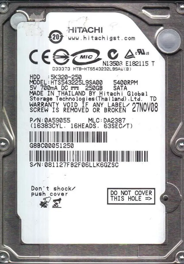 Main image of HTS543225L9SA00, PN 0A595055, MLC DA2387, Hitachi 250GB SATA 2.5 Hard Drive