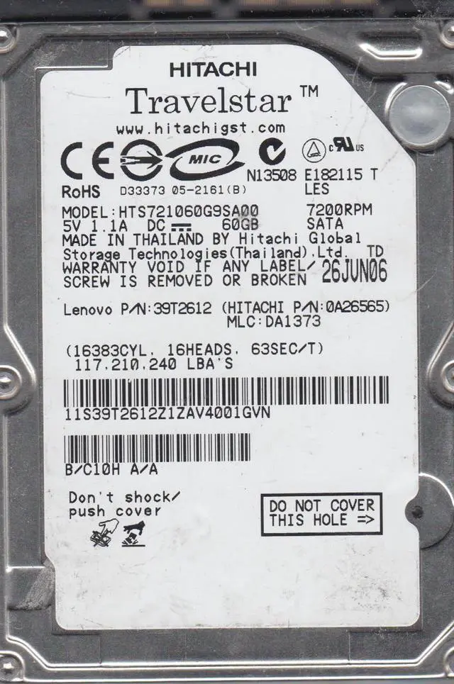 Alt view image 2 of 2 - HTS721060G9SA00, PN 0A26565, MLC DA1373, HITACHI 60GB SATA 2.5 Hard Drive