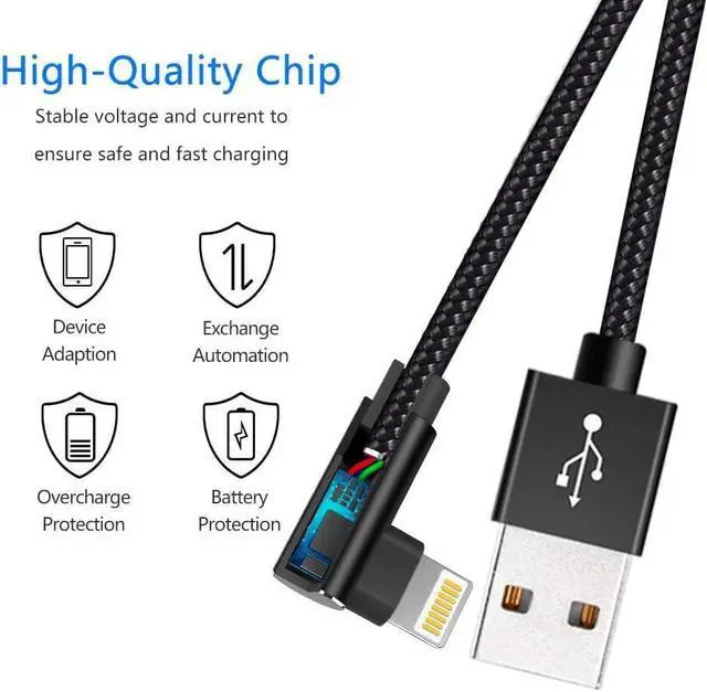Alt view image 2 of 6 - Fast Charging Cable 3ft Right Angle Cable 3 Pack Nylon Braided Fast Speed Data Sync Charging Cord Powerline Compatible with Phone 13/12/11/Pro/Xs Max/XS/XR/7/7Plus/X/8/6/SE(Black 3FT)