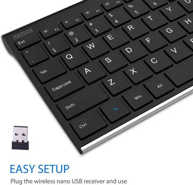 Alt view image 3 of 7 - Arteck 2.4G Wireless Keyboard Stainless Steel Ultra Slim Full Size Keyboard with Numeric Keypad for Computer/Desktop/PC/Laptop/Surface/Smart TV and Windows 10/8/ 7 Built in Rechargeable Battery