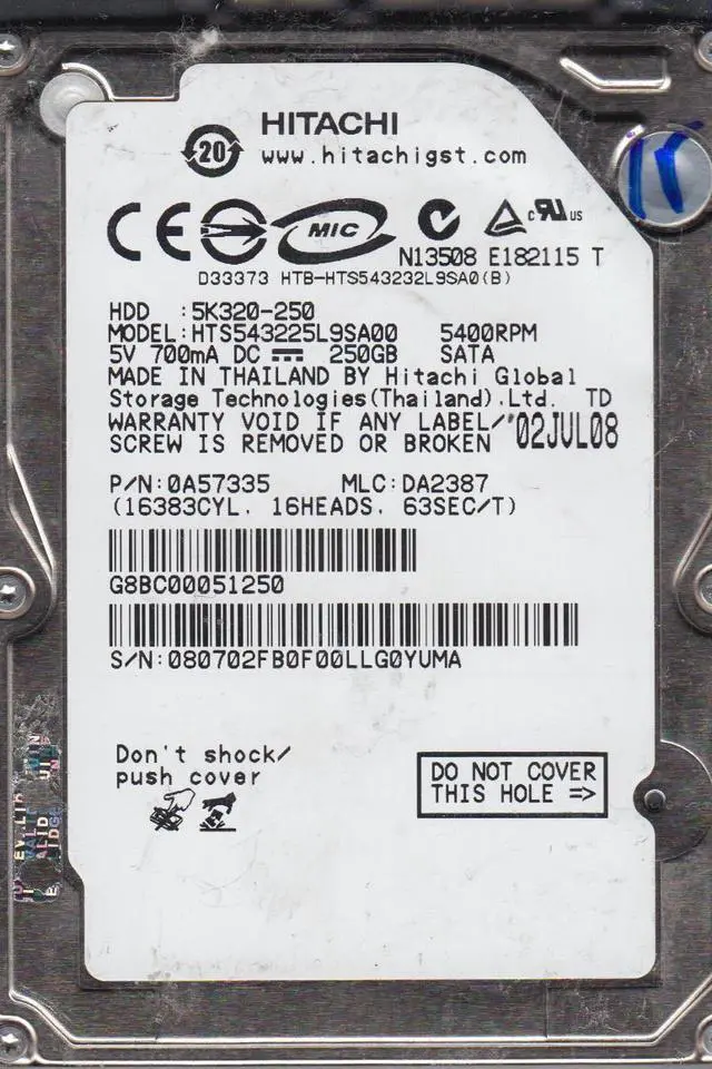 Alt view image 2 of 2 - HTS543225L9SA00, PN 0A57335, MLC DA2387, Hitachi 250GB SATA 2.5 Hard Drive