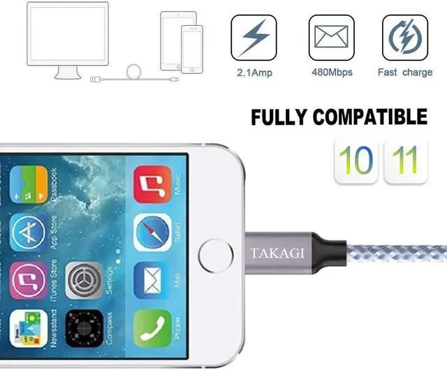 Alt view image 5 of 7 - TAKAGI iPhone Charger Lightning Cable 3Pack 6FT Nylon Braided Fast Charging High Speed Data Sync Transfer Cord Phone Power Connector Compatible with iPhone 11 Pro Max XS XR X 8 7 Plus 6S 6 5S iPad