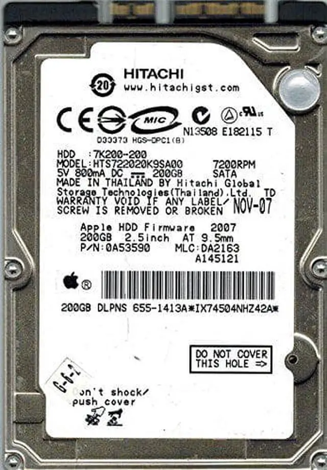 Main image of Hitachi HTS722020K9SA00 P/N: 0A53590 MLC: DA2163 200GB