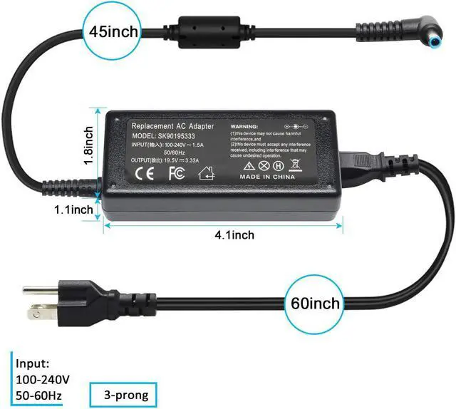 Alt view image 3 of 7 - 19.5V 3.33A 65W Laptop Charger AC Adapter for HP Envy X360 15-U050CA 15-U010DX Envy 15 15T Chromebook 14 11 G3 G4 G5 EE Series 11-V010WM 11-V020WM 11-V031NR 14-Q010NR 14-Q010DX with Power Cord