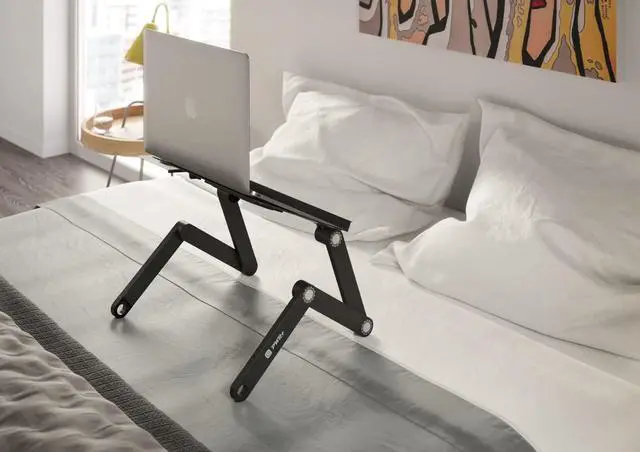 Alt view image 5 of 7 - Laptop Table Stand Adjustable Riser: Portable with Mouse Pad Fully Ergonomic Mount Ultrabook MacBook Gaming Notebook Light Weight Aluminum Black Bed Tray Desk Book Fans Up to 17 inch
