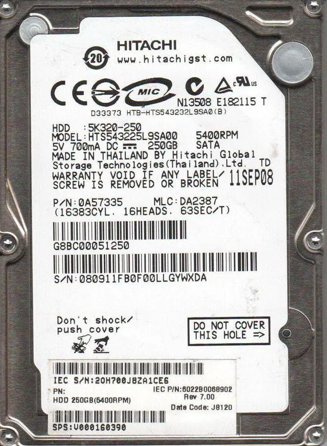 Main image of HTS543225L9SA00, PN 0A57335, MLC DA2387, Hitachi 250GB SATA 2.5 Hard Drive