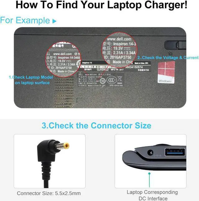 Alt view image 6 of 7 - 65W AC Adapter Charger for Acer Aspire E15 ES1 E1 E3 E5 F5 F15 M3 M5 V3 V5 V7 A114 A315 A515 ADP-65JH DB PA-1650-02 ADP-65KB A114-31-C02W A114-32-C3N0 A114-32-P34S A315-21-2476 Laptop Supply Cord