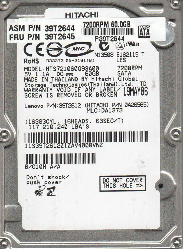 Main image of HTS721060G9SA00, PN 0A26565, MLC DA1373, HITACHI 60GB SATA 2.5 Hard Drive