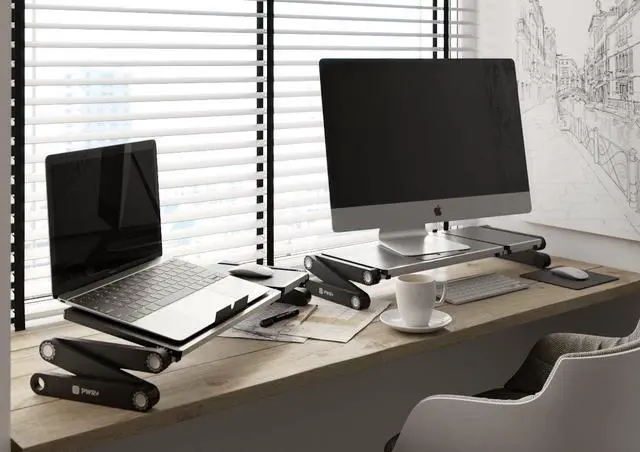 Alt view image 7 of 7 - Laptop Table Stand Adjustable Riser: Portable with Mouse Pad Fully Ergonomic Mount Ultrabook MacBook Gaming Notebook Light Weight Aluminum Black Bed Tray Desk Book Fans Up to 17 inch