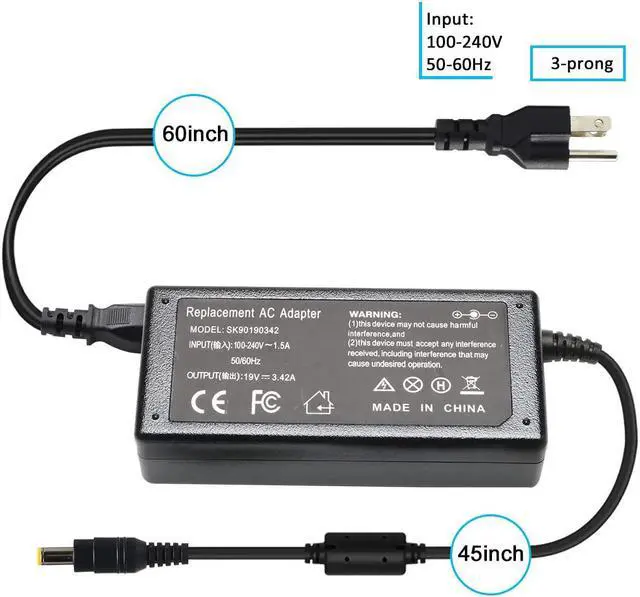 Alt view image 6 of 7 - 19V 3.42A 65W AC Adapter Laptop Charger for Acer-Aspire E15 E5 N15Q1 ES1 E1 ES1-S12 E1-571 E1-510P E1-521 E3-111 E5-511P E5-521 5733 5517 5349 5750 5742 PA-1650-86 5742 5750 Power Supply Cord