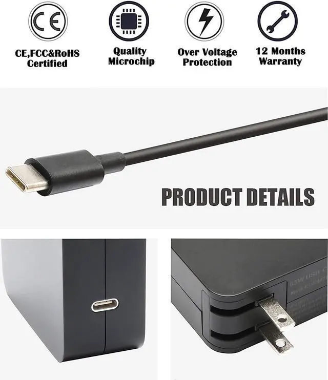 Alt view image 2 of 7 - 65W 45W Type C USB Chromebook Adapter Charger Replacement for HP Spectre x360 14 14A G5 11 11A G6 G7 EE Spectre Elite x2 EliteBook 840 850 1030 G3 1040 14-ca051wm 14-ca061dx Laptop Power Supply Cord