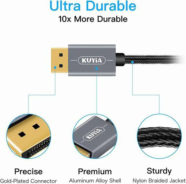 Alt view image 2 of 7 - KUYIA DisplayPort Cable to DisplayPort Cable, 7 Feet Nylong Braided DP Cable 4K HD High Speed Display Cable for Gaming PC, Gaming Monitor, Laptop, TV - Gold-Plated Connector, Aluminum Alloy Shell