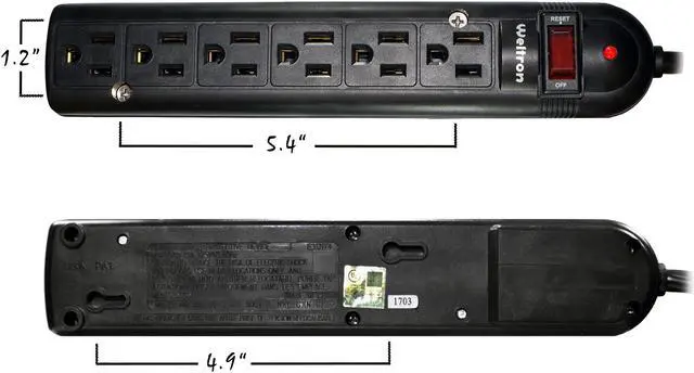Alt view image 3 of 16 - Weltron 6-Outlet Surge Protector Power Strip WSP-600PLF-15BK