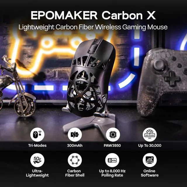 Alt view image 2 of 7 - EPOMAKER Carbon X Wireless Gaming Mouse, 400 to 30,000 DPI Adjustable, PAW3950 Sensor, 50g Lightweight, Carbon Fiber Shell, 2.4G/BT/USB-C Rechargeable Wireless Mouse for PC/Mac/Linux (Black)
