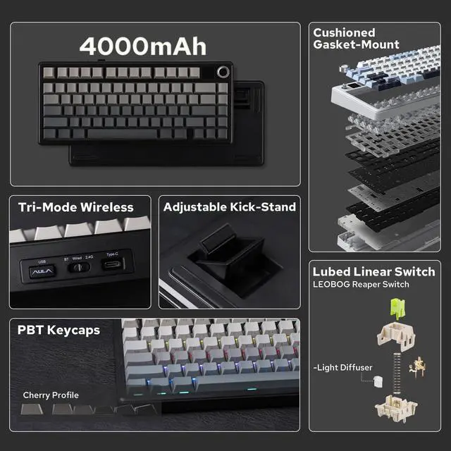 Alt view image 2 of 7 - EPOMAKER X Aula F75 MAX Wireless Mechanical Keyboard with TFT Screen and Knob, Gasket Gaming Keyboard in 75% Layout, Hot Swappable, RGB Backlight, for PC/Mac/Linux (Black Gradient)