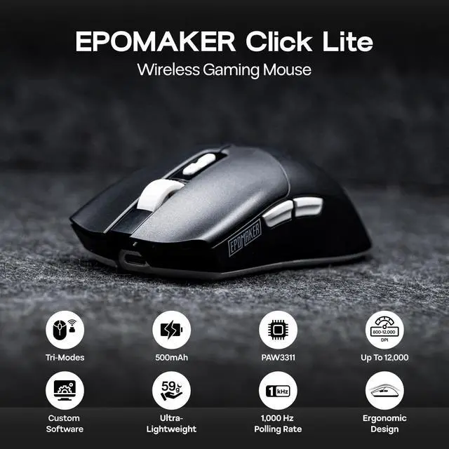 Alt view image 2 of 7 - EPOMAKER Click Lite Wireless Gaming Mouse, 800 to 12,000 DPI Adjustable, PAW3311 Sensor, 500mAh, 59g, 2.4G/BT/USB-C Rechargeable Wireless Mouse with 5 Programmable Buttons for PC/Mac/Linux (Black)