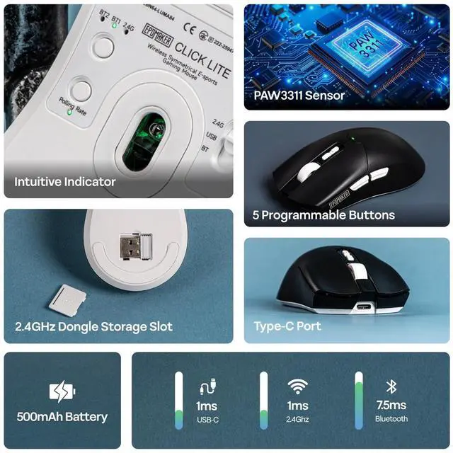Alt view image 3 of 7 - EPOMAKER Click Lite Wireless Gaming Mouse, 800 to 12,000 DPI Adjustable, PAW3311 Sensor, 500mAh, 59g, 2.4G/BT/USB-C Rechargeable Wireless Mouse with 5 Programmable Buttons for PC/Mac/Linux (Black)