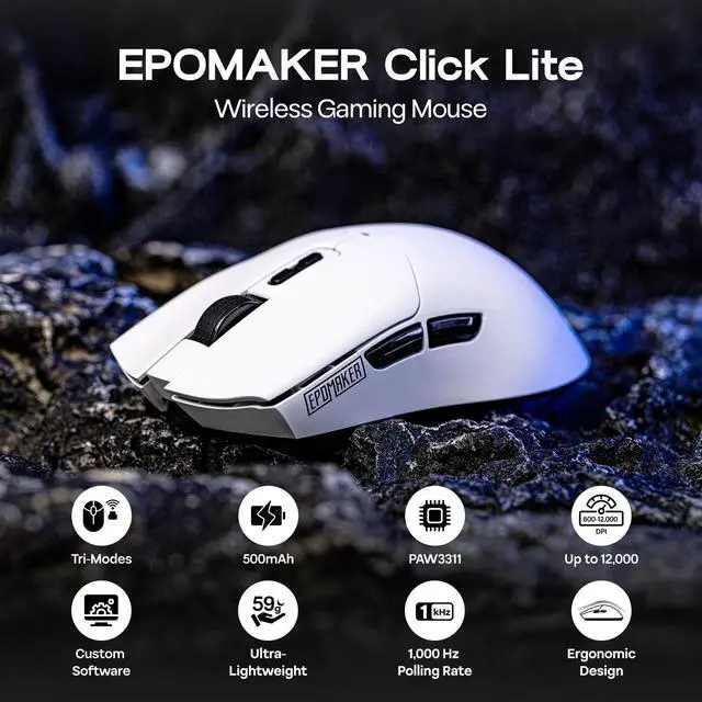 Alt view image 2 of 7 - EPOMAKER Click Lite Wireless Gaming Mouse, 800 to 12,000 DPI Adjustable, PAW3311 Sensor, 500mAh, 59g, 2.4G/BT/USB-C Rechargeable Wireless Mouse with 5 Programmable Buttons for PC/Mac/Linux (White)