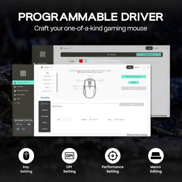 Alt view image 7 of 7 - EPOMAKER Click Lite Wireless Gaming Mouse, 800 to 12,000 DPI Adjustable, PAW3311 Sensor, 500mAh, 59g, 2.4G/BT/USB-C Rechargeable Wireless Mouse with 5 Programmable Buttons for PC/Mac/Linux (Black)
