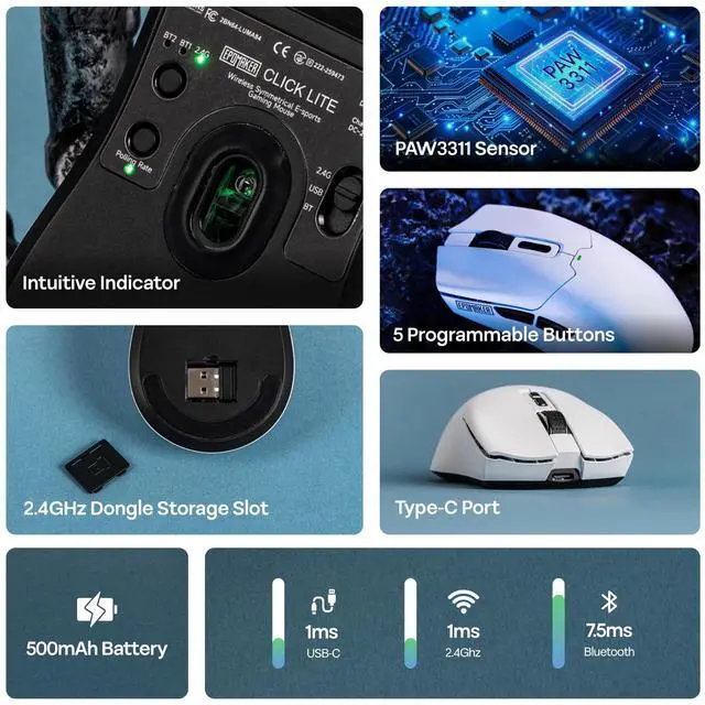 Alt view image 3 of 7 - EPOMAKER Click Lite Wireless Gaming Mouse, 800 to 12,000 DPI Adjustable, PAW3311 Sensor, 500mAh, 59g, 2.4G/BT/USB-C Rechargeable Wireless Mouse with 5 Programmable Buttons for PC/Mac/Linux (White)