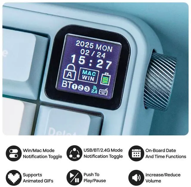 Alt view image 3 of 7 - EPOMAKER HE65 MEC Wireless Mechanical Keyboard with Screen and Knob, 2ms Latency, RGB Backlight, Gasket Mount, Hot Swappable, N-Key Rollover (BlueWhite)