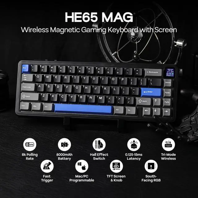 Alt view image 2 of 7 - EPOMAKER HE65 Mag Wireless Magnetic Keyboard with Knob and Screen, 8K Polling Rate in 2.4Ghz and Wired, Actuation-Adjustable Hall Effect Switch, 8000mAh Battery, Creamy Gasket-Mount (Black)