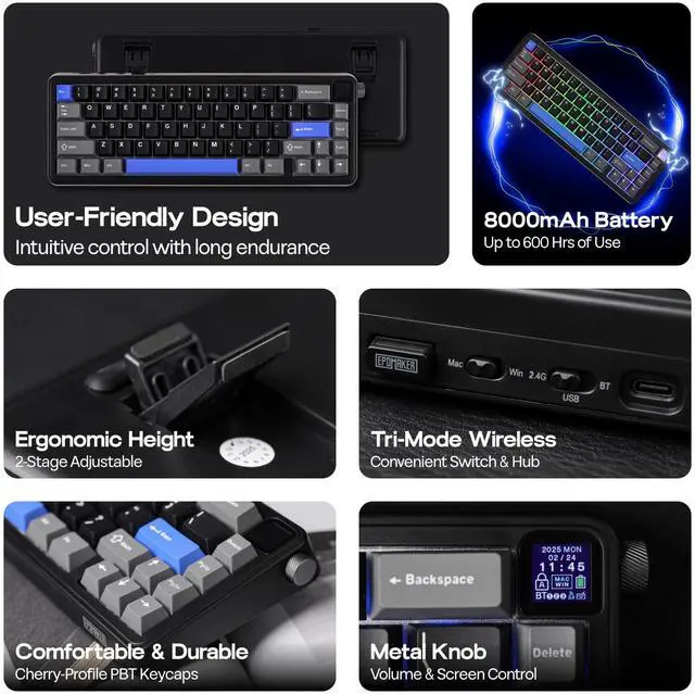 Alt view image 4 of 7 - EPOMAKER HE65 Mag Wireless Magnetic Keyboard with Knob and Screen, 8K Polling Rate in 2.4Ghz and Wired, Actuation-Adjustable Hall Effect Switch, 8000mAh Battery, Creamy Gasket-Mount (Black)