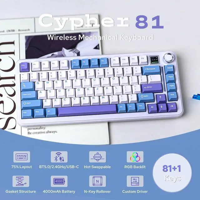 Alt view image 2 of 7 - EPOMAKER Cypher81 75% Gasket Mechanical Gaming Keyboard with TFT Screen & Knob, Tri-Mode(Type-C/BT/2.4G), Hot Swappable, RGB Backlight for Games/PC/Mac (Wisteria Linear Switch)