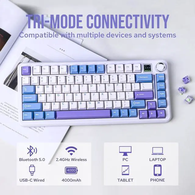 Alt view image 4 of 7 - EPOMAKER Cypher81 75% Gasket Mechanical Gaming Keyboard with TFT Screen & Knob, Tri-Mode(Type-C/BT/2.4G), Hot Swappable, RGB Backlight for Games/PC/Mac (Wisteria Linear Switch)