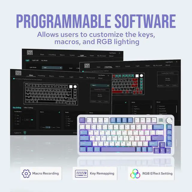 Alt view image 7 of 7 - EPOMAKER Cypher81 75% Gasket Mechanical Gaming Keyboard with TFT Screen & Knob, Tri-Mode(Type-C/BT/2.4G), Hot Swappable, RGB Backlight for Games/PC/Mac (Wisteria Linear Switch)