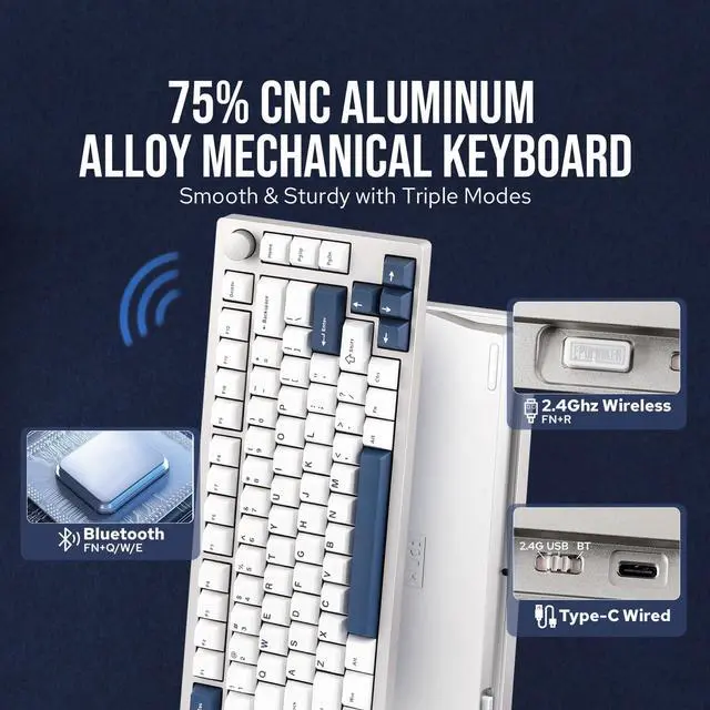 Alt view image 2 of 7 - EPOMAKER P75 Wireless Aluminum Mechanical Keyboard, Bluetooth 5.0/2.4GHz/USB-C Hot Swappable Custom Keyboard, Gasket Structure, RGB Backlit, for PC/Tablet/PS/Xbox (Silver, Zebra Switch)
