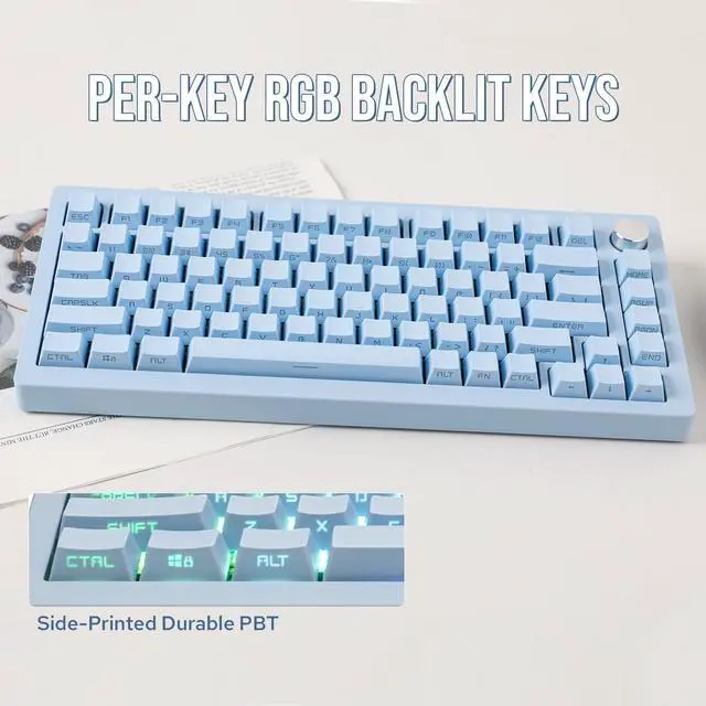Alt view image 6 of 7 - EPOMAKER Tide75 Upgraded QMK/VIA 75% Wireless Aluminum Mechanical Keyboard, Hot-Swap Creamy Gaming Keyboard with FR4 Plate, Bluetooth/2.4Ghz/USB-C, RGB Backlit, NKRO (Blue)