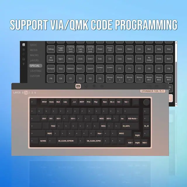 Alt view image 5 of 7 - EPOMAKER Tide75 Upgraded QMK/VIA 75% Wireless Aluminum Mechanical Keyboard, Hot-Swap Creamy Gaming Keyboard with FR4 Plate, Bluetooth/2.4Ghz/USB-C, RGB Backlit, NKRO (Blue)