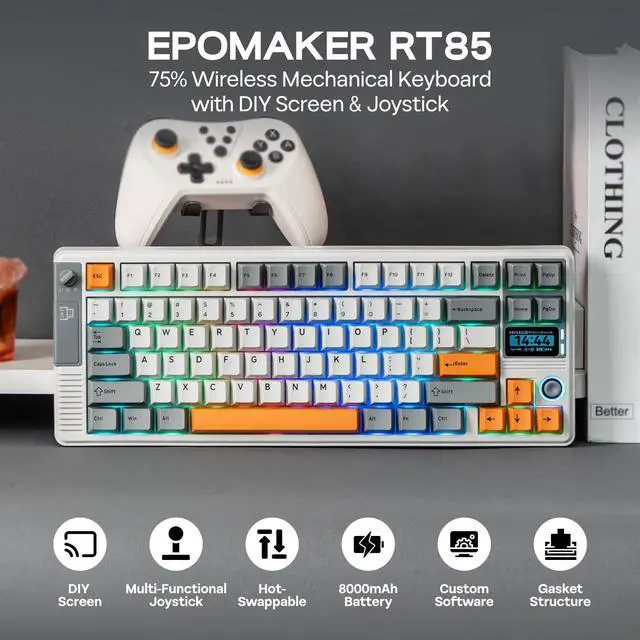 Alt view image 2 of 7 - EPOMAKER RT85 Wireless Mechanical Keyboard with Joystick & DIY Screen, 8000mAh, BT/USB/2.4Ghz, Gasket, 5-Layer Paddings, Hot-Swap, PBT Keycap, 75% Gaming Keyboard (Retro White, Wisteria Linear)