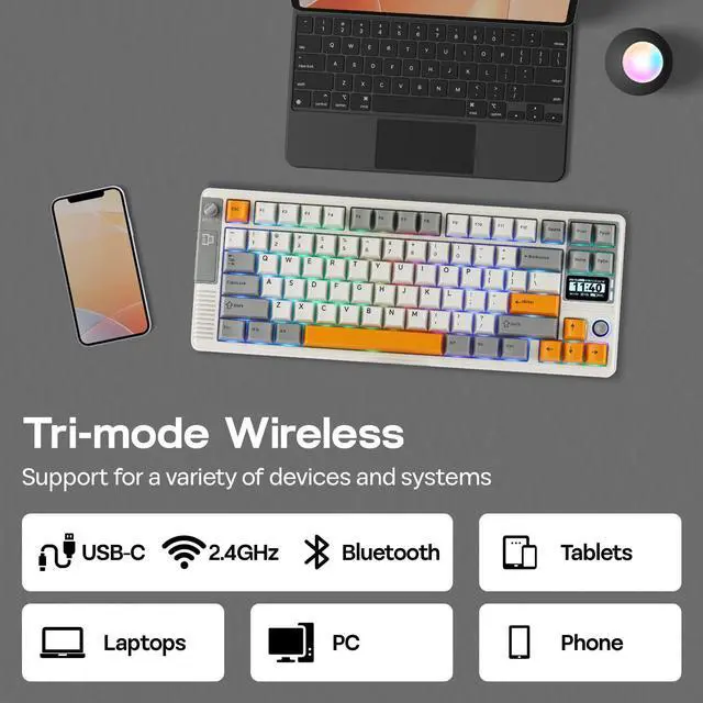 Alt view image 5 of 7 - EPOMAKER RT85 Wireless Mechanical Keyboard with Joystick & DIY Screen, 8000mAh, BT/USB/2.4Ghz, Gasket, 5-Layer Paddings, Hot-Swap, PBT Keycap, 75% Gaming Keyboard (Retro White, Wisteria Linear)