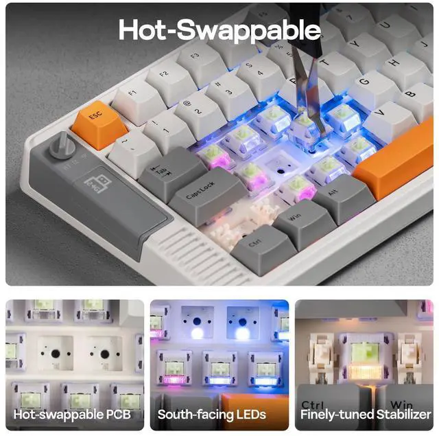 Alt view image 6 of 7 - EPOMAKER RT85 Wireless Mechanical Keyboard with Joystick & DIY Screen, 8000mAh, BT/USB/2.4Ghz, Gasket, 5-Layer Paddings, Hot-Swap, PBT Keycap, 75% Gaming Keyboard (Retro White, Wisteria Linear)