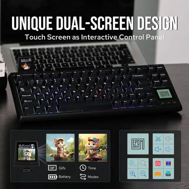 Alt view image 4 of 7 - EPOMAKER RT80 75% Wireless Gaming Keyboard with Touch Screen and Mini Display, Tri-Mode Mechanical Keyboard, Hot-swap, Creamy Sound, NKRO for Office Game (Black, Wisteria Linear Switch)