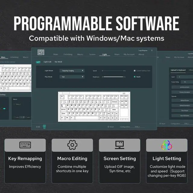 Alt view image 6 of 7 - EPOMAKER RT80 75% Wireless Gaming Keyboard with Touch Screen and Mini Display, Tri-Mode Mechanical Keyboard, Hot-swap, Creamy Sound, NKRO for Office Game (Black, Wisteria Linear Switch)